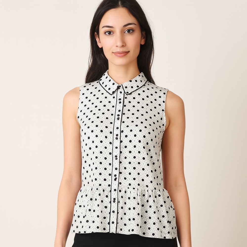 NY Collection White Polka Dot Collared Button Front Sleeveless Blouse - Large